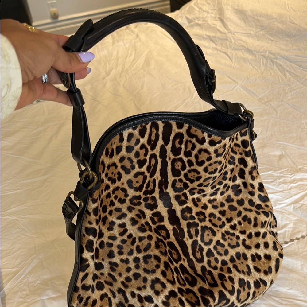Brown and Black Leopard Print Shoulder Bag with Curved Handle